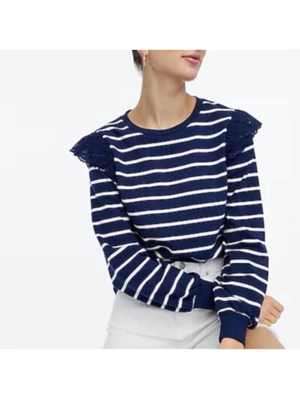 J. Crew Striped Eyelet Ruffle Sleeve Sweatshirt in Navy/White Size 3X NWT